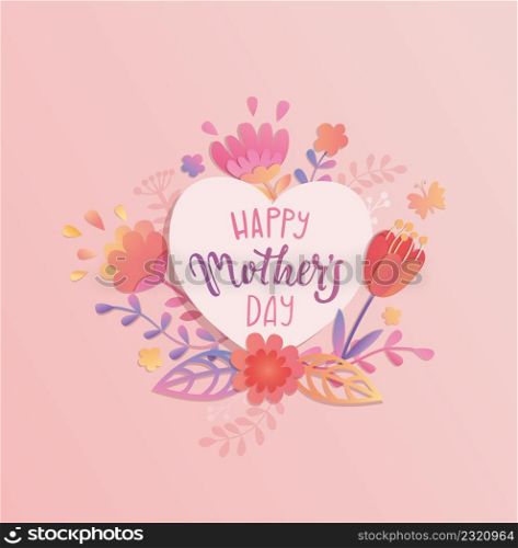 Happy mother day 2022 greeting card,banner with heart, beautiful paper flowers and wishing text.Holiday poster, flyer on pink background.Template for your design. Vector illustration.. Happy mother day 2022 greeting card,flyer,banner.