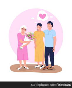 Happy mother day 2D vector isolated illustration. Siblings giving mother floral arrangement flat characters on cartoon background. Expressing affection. Grandparents day colourful scene. Happy mother day 2D vector isolated illustration