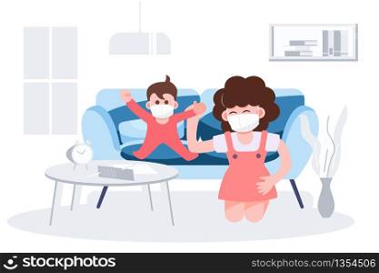 Happy mother day concept. Mother play with kid wearing masks staying home teach home school in the living room. Coronavirus outbreak covid-19 pandemic. Health care and medical flat character abstract people vector.