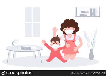 Happy mother day concept. Mother play with kid wearing masks staying home teach home school in the living room. Coronavirus outbreak covid-19 pandemic. Health care and medical flat character abstract people vector.