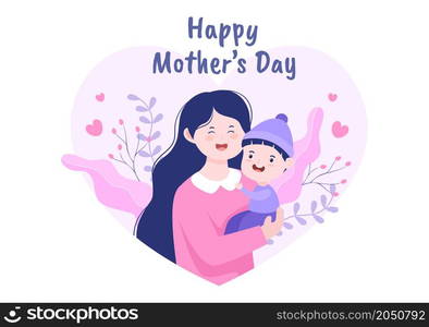 Happy Mother Day Flat Design Illustration. Mother Holding Baby or with Their Children Which is Commemorated on December 22 for Greeting Card and Poster