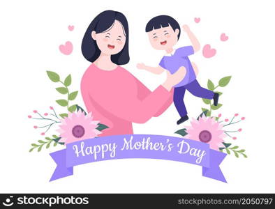 Happy Mother Day Flat Design Illustration. Mother Holding Baby or with Their Children Which is Commemorated on December 22 for Greeting Card and Poster