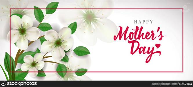 Happy Mother Day lettering in red frame with flowers. Mothers Day greeting card. Handwritten text, calligraphy. For greeting card, invitation, poster, postcard or banner.