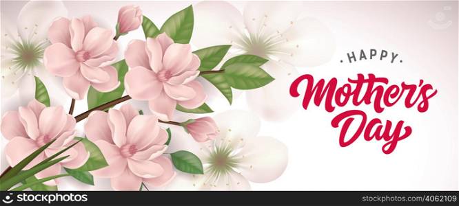 Happy Mother Day lettering with blooming twig. Mothers Day greeting card. Handwritten text, calligraphy. For greeting card, invitation, poster, postcard or banner.