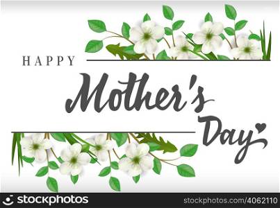 Happy Mother Day lettering with blooming twigs. Mothers Day greeting card. Handwritten text, calligraphy. For greeting card, invitation, leaflet, postcard or banner.