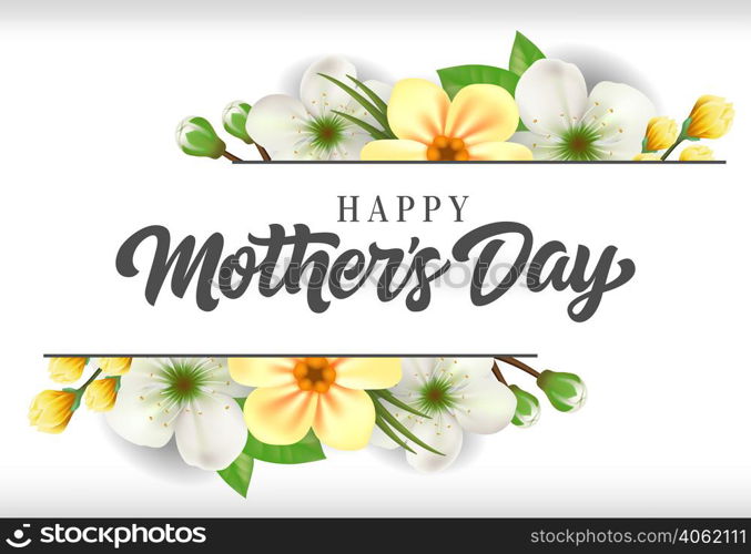 Happy Mother Day lettering with blossoming flowers. Mothers Day greeting card. Handwritten text, calligraphy. For greeting card, invitation, leaflet, postcard or banner.