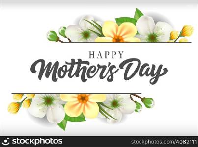 Happy Mother Day lettering with blossoming flowers. Mothers Day greeting card. Handwritten text, calligraphy. For greeting card, invitation, leaflet, postcard or banner.