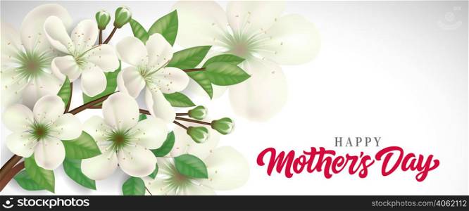 Happy Mother Day lettering with blossoming twig. Mothers Day greeting card. Handwritten text, calligraphy. For greeting card, invitation, poster, postcard or banner.