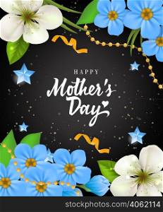Happy Mother Day lettering with flowers on black background. Mothers Day greeting card. Handwritten text, calligraphy. For greeting card, invitation, poster, postcard or banner.