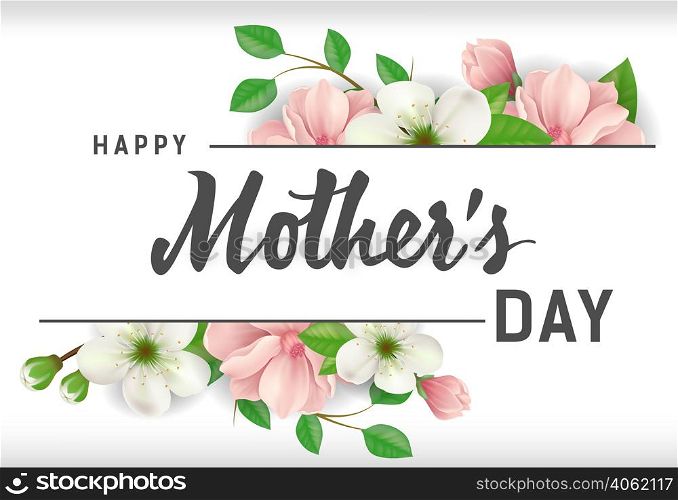 Happy Mother Day lettering with flowers on white background. Mothers Day greeting card. Handwritten text, calligraphy. For greeting card, invitation, leaflet, postcard or banner.