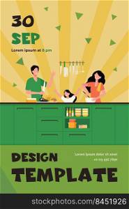 Happy mother, father and daughter cooking together isolated flat vector illustration. Cartoon family preparing food at kitchen. Happiness and food culture concept
