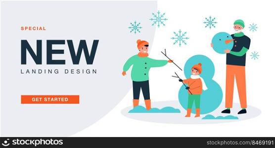 Happy mother, grandfather and child making snowman outdoor. People playing together in winter landscape flat vector illustration. Fun family time concept for banner, website design or landing web page