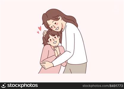 Happy mother hugging small daughter show love and care. Smiling young mom cuddle embrace little girl child. Motherhood and parenthood. Vector illustration. . Happy mother hugging small daughter 