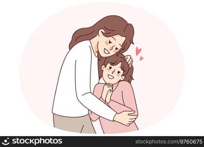 Happy mother hugging small daughter show love and care. Smiling young mom cuddle embrace little girl child. Motherhood and parenthood. Vector illustration.. Happy mother hugging small daughter