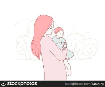 Happy mother hugs little baby. Mom with daughter on a walk. Mothers day concept in hand drawn style on isolated background. Mom take care of the kid. Baby in mother arms. Doodle vector illustration. Happy mother hugs little baby. Mom with daughter on a walk. Mothers day concept hand drawn style on isolated background. Mom take care of the kid. Baby in mother arms. Doodle vector illustration
