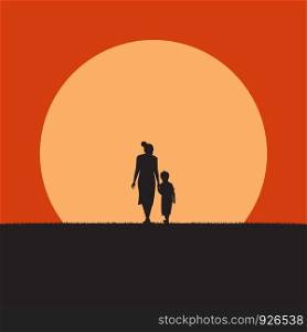 Happy Mother's Day. A tender moment of a mom and her son walking alone at sunset landscape. Silhouette vector illustration flat