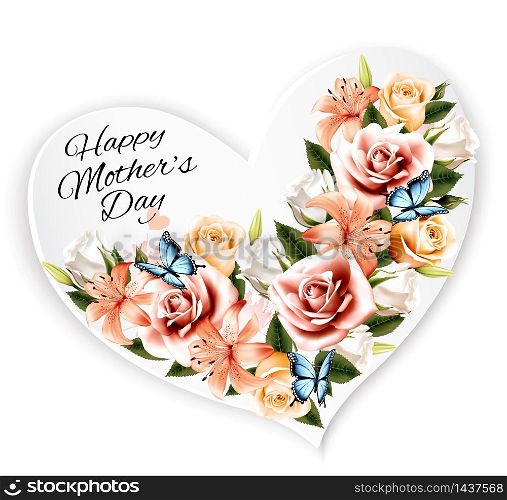 Happy Mother&rsquo;s Day background with beauty flowers and heart-shaped note. Vector