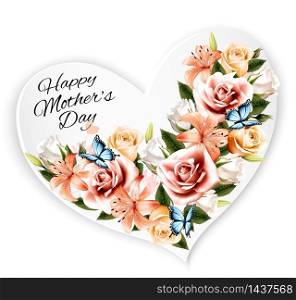 Happy Mother&rsquo;s Day background with beauty flowers and heart-shaped note. Vector