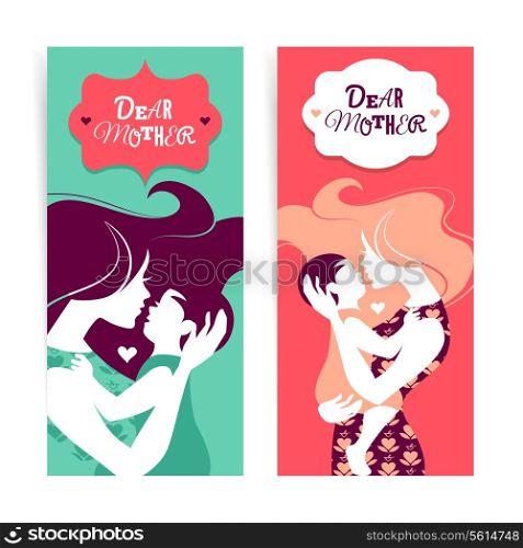 Happy Mother&rsquo;s Day. Banners of beautiful silhouette of mother and baby in vintage style