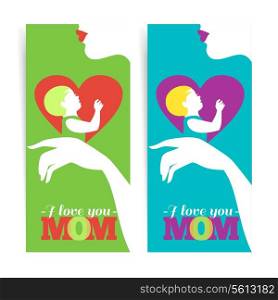 Happy Mother&rsquo;s Day. Banners of beautiful silhouette of mother and baby in heart