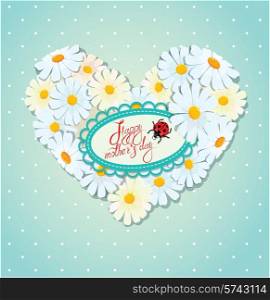 Happy Mother&rsquo;s Day card. Heart is made of daisies on a blue polka dot background.