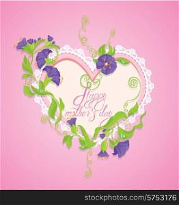 Happy Mother&rsquo;s Day card. Heart is made of lace with violet flowers around on pink background.