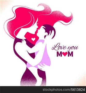 Happy Mother&rsquo;s Day. Card with beautiful silhouette of mother and baby