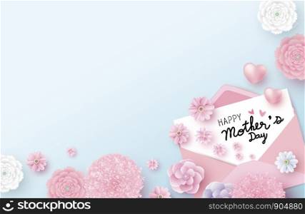 Happy mother's day message on white paper in envelope and flowers with heart vector illustration