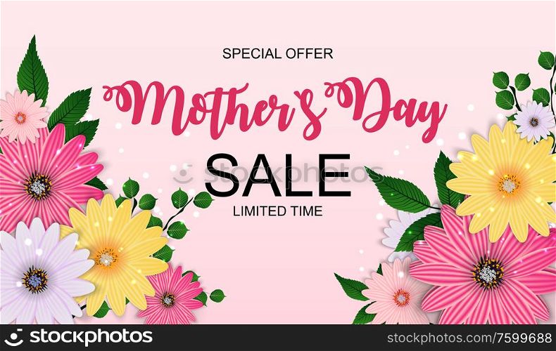 Happy Mother`s Day Cute Sale Background with Flowers. Vector Illustration EPS10. Happy Mother`s Day Cute Sale Background with Flowers. Vector Illustration