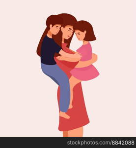 Happy Mother s Day Greeting Card. Vector Illustration Of Mother Holding Baby Son and daughter In Arms,. Happy Mother s Day Greeting Card. Vector Illustration Of Mother Holding Baby Son and daughter In Arms