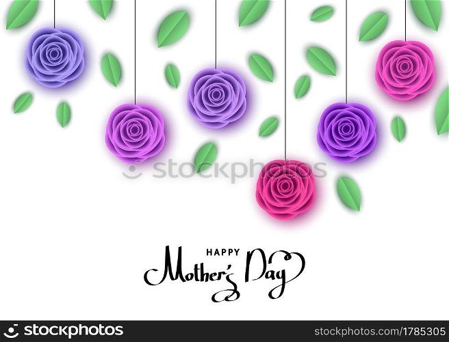 Happy mother’s day greeting card with  hanging roses, lettering.  Flowers for banners,  posters,  voucher discount, sale advertisement template.  Floral background. Vector.