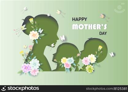 Happy Mother’s Day in paper cut, paper art style,  Mother with  children, butterfly and flowers, Anniversary and celebration in Mother’s Day, Vector illustration template design in green background.