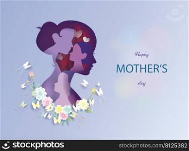 Happy Mother’s Day in paper cut, paper art style,  Mother with  children, butterfly and flowers, Anniversary and celebration in Mother’s Day, Vector illustration template design in purple background.