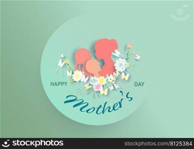 Happy Mother’s Day with women, children, butterfly and flowers,  Mother and children, Happy celebration Mothers Day with paper cut, paper art, Vector illustration template design in pink background.