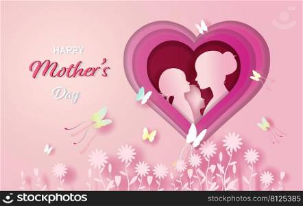 Happy Mother’s Day with women, children, butterfly and flowers,  Mother and children, Happy celebration Mothers Day with paper cut, paper art, Vector illustration template design in pink background.