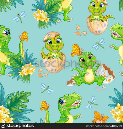 Happy mother tyrannosaurus and cub sitting in egg on nature isolated on turquoise background. Seamless pattern. Cartoon vector illustration. For print, design, wallpaper, decor, textile, kids apparel. Seamless pattern tyrannosaurus and cub in egg vector