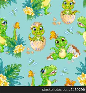 Happy mother tyrannosaurus and cub sitting in egg on nature isolated on turquoise background. Seamless pattern. Cartoon vector illustration. For print, design, wallpaper, decor, textile, kids apparel. Seamless pattern tyrannosaurus and cub in egg vector