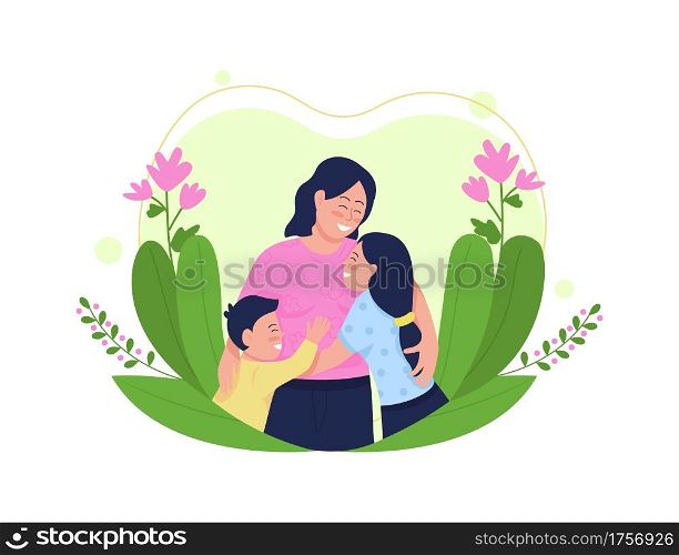 Happy mother with children flat concept vector illustration. Mommy hugging daughter and son. Smiling mom embracing kids 2D cartoon characters for web design. Mothers day creative idea. Happy mother with children flat concept vector illustration