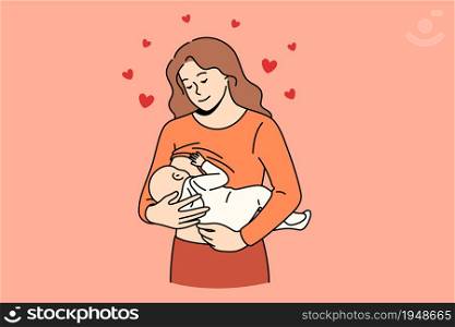 Happy motherhood and breastfeeding concept. Young happy loving smiling woman mother cartoon character standing holding her infant newborn baby breastfeeding vector illustration. Happy motherhood and breastfeeding concept.