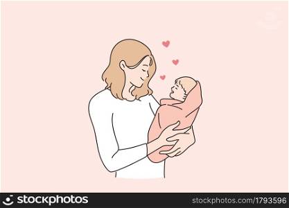 Happy motherhood and childhood concept. Young and happy mom mother woman cartoon character standing holding her baby little newborn son or daughter vector illustration. Happy motherhood and childhood concept