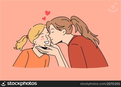 Happy motherhood and childhood concept. Young loving mother woman kissing her small girl daughter feeling love and care vector illustration . Happy motherhood and childhood concept.