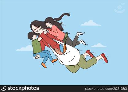 Happy motherhood and childhood concept. Young smiling woman mother flying in blue sky holding two small children on hands vector illustration . Happy motherhood and childhood concept.