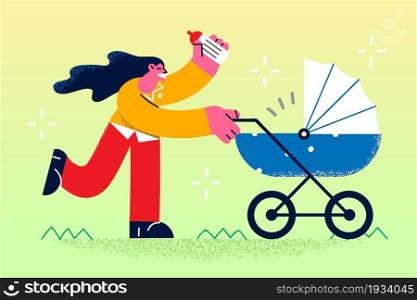 Happy motherhood and walking with baby concept. Young smiling woman mother cartoon character walking with stroller and bottle and newborn baby inside vector illustration . Happy motherhood and walking with baby concept