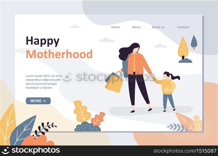 Happy motherhood landing page template. Mother spends time with daughter. Family activities concept. Beauty mom with preschooler kid after shopping. Funny tiny people. Trendy style vector illustration
