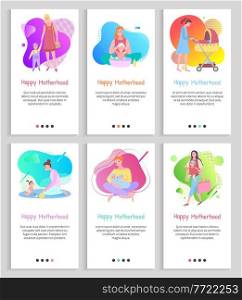Happy motherhood mom with kiddo vector, child and mother pushing perambulator, small baby playing with mommy, lady wearing dress walking family. Website or slider app, landing page flat style. Happy Motherhood Mother with Kid in Pram Vector