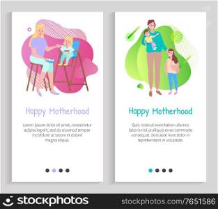 Happy motherhood, parent walking with son and daughter, mother feeding child, parenthood and childhood, mom and kid characters, family vector. Website or slider app, landing page flat style. Mother and Children, Feeding and Walking Vector