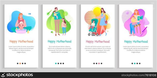 Happy motherhood set, mom bathing, walking with children, reading book, portrait view of mother and kid characters together, family slide vector. Website or slider app, landing page flat style. Mother and Children, Parent Caring, Mom Vector