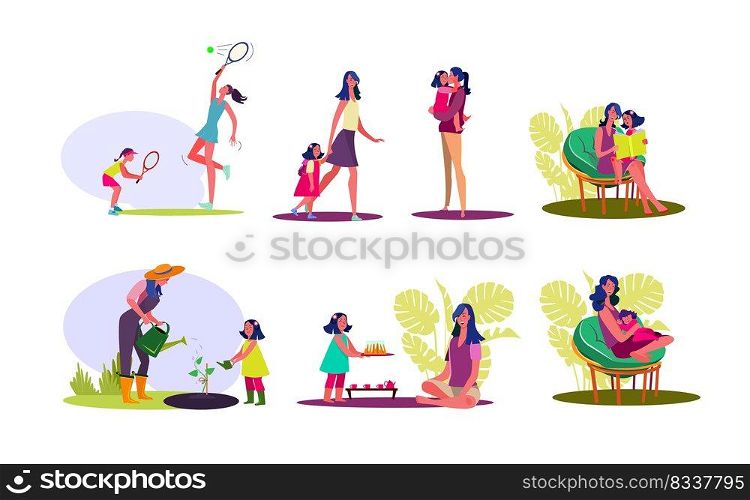 Happy motherhood set. Mother and daughter spending time together, enjoying activities. Flat vector illustrations. Family concept for banner, website design or landing web page