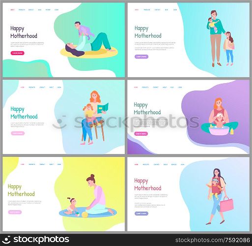Happy Motherhood vector, mom and kid playing together. Mother caring for child spending time walking, daughter and mun, son and woman. Website or webpage template, landing page flat style. Happy Motherhood, Mother Caring for Child Website