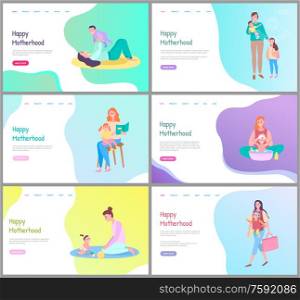 Happy Motherhood vector, mom and kid playing together. Mother caring for child spending time walking, daughter and mun, son and woman. Website or webpage template, landing page flat style. Happy Motherhood, Mother Caring for Child Website